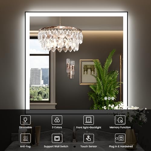 Image of WTTY 36 inchX36 inch LED Bathroom Mirror with Black Frame, Bathroom Vanity Mirror with Lights for Wall, Front Light and Backlit, Anti-Fog, Dimmable, 3 Colors, Shatterproof, Memory, Horizontal /Vertical