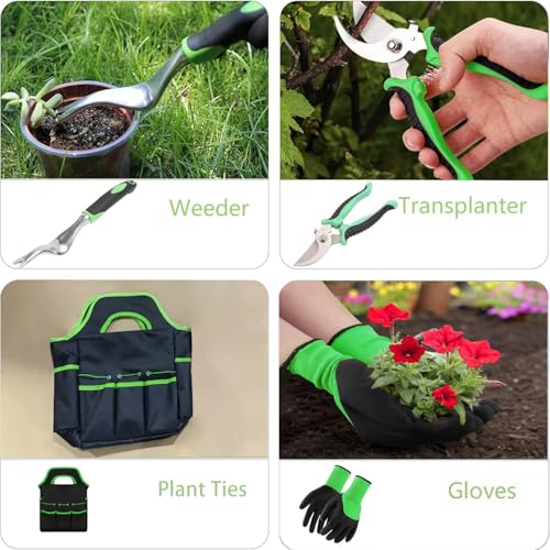 Feinidier 8 Piece Garden Tools, Green Anti-Slip Heavy Duty Gardening Hand Tools. Suitable for Gardeners, Potted Indoor use of Small Garden Tools to Organize with a Handbag - Image 3