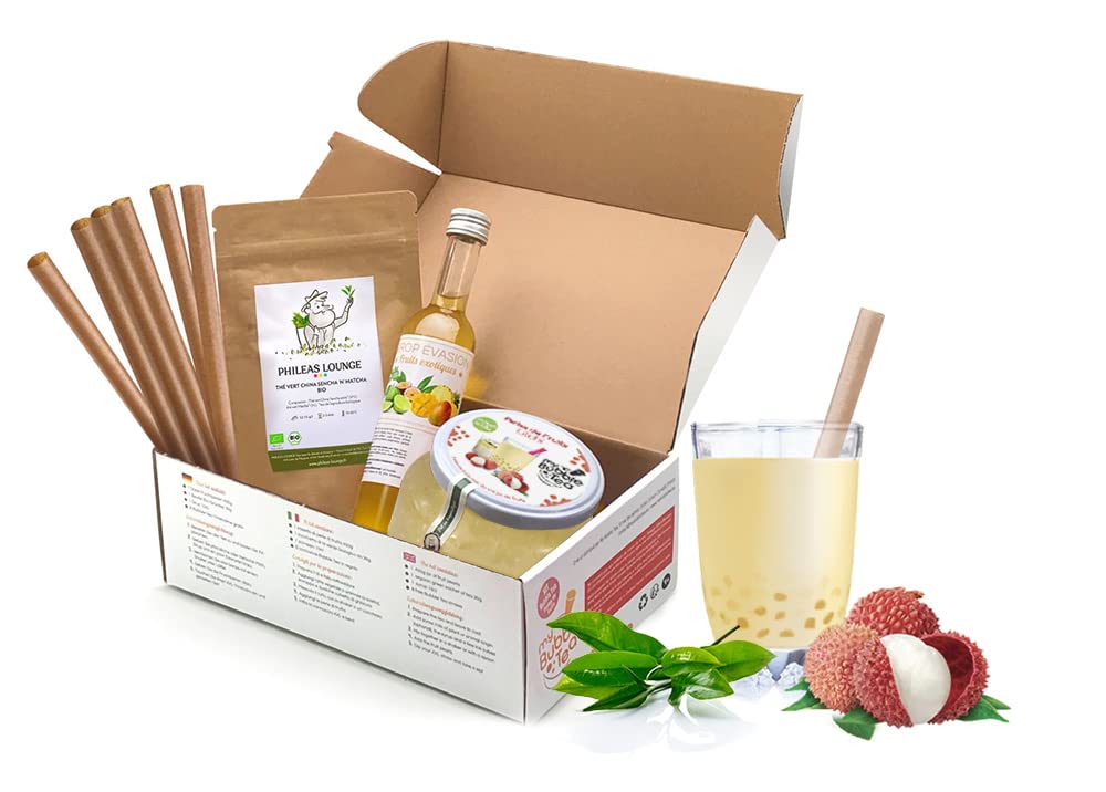KIT BUBBLE TEA LITCHI - 8 Boissons - Sans colorant artificiel - Vegan et sans gluten - 8 pailles offertes