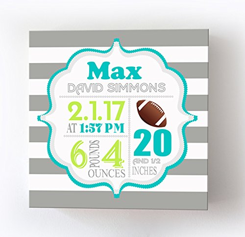 Personalized Stretched Canvas Birth Announcement Gift, Custom Baby Name, Date, Weight Stats, Newborn Football Nursery Wall Art Decor, Wooden Frame Construction, Ready to Hang 24X24