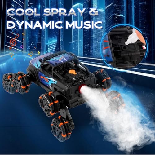 Image of VikriDA 8 Wheel Remote Control Car with Lights, Music & 360 Rotation - Hand Control RC Vehicle Toy for Kids & Adults - Black