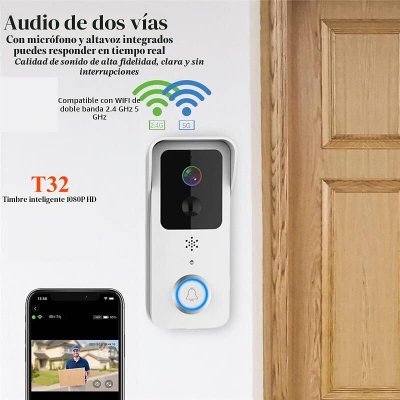 Videoportero con cámara de alta definición, Timbre de vídeo 1080P 5G WiFi Dual timbre de puerta exterior impermeable IP54 batería intercomunicador hogar inteligente puerta inalámbrica teléfono cámara