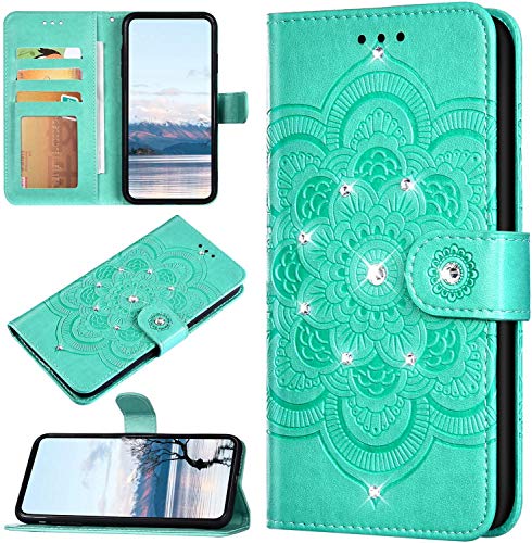 Robinsoni Case Compatible with Xiaomi Mi 9 Pro Shiny Case Sparkle Glitter PU Leather Wallet Cover Lavish Bling Diamond Embossed Mandala Printed Book Case Folio Flip Glossy Magnetic Case Green