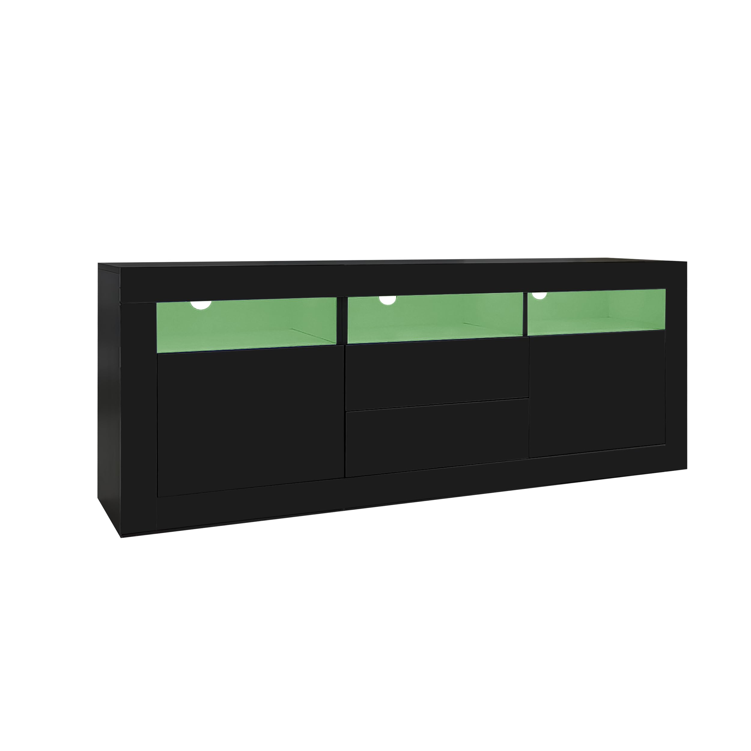 Murul, mobile porta TV con finitura lucida e illuminazione LED, 3 ripiani aperti, per televisori da 70 pollici, supporto TV lucido, 2 ante, 2 cassetti, controllo tramite app smart 160×35×60 cm (Nero)