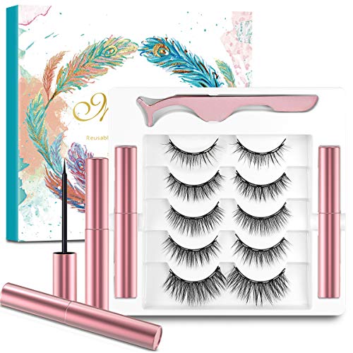 5 Pairs Magnetic Eyelashes and Magnetic Eyeliner Set,Waterproof Magnetic Eyelashes and No Glue,3D Magnetic Lashes Look Natural and Reusable,Including 1 Forceps and 2 Magnetic Eyeliner