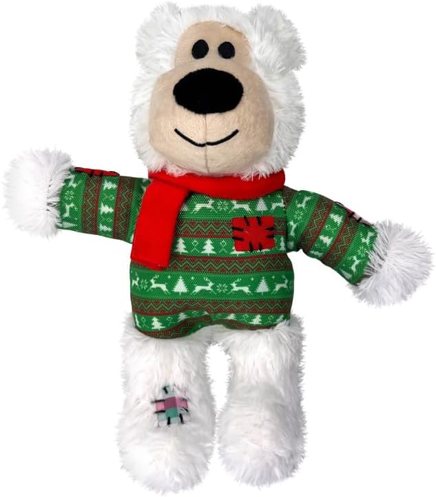 KONG Christmas Holiday Wild Knots Bear Dog Toy - Internal Knotted Ropes and Minimal Stuffing for Less Mess - (Medium/Large)