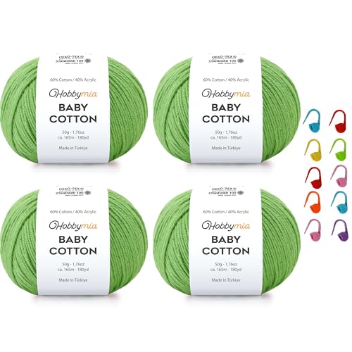 Image of Baby Cotton Blend Yarn - Soft Sport Weight Yarn for Crochet & Amigurumi - 50g /180yds - 60% Cotton 40% Acrylic - Ideal for Baby & Knitting Proj. & 10 Stitch Markers(Green, 4 Balls)