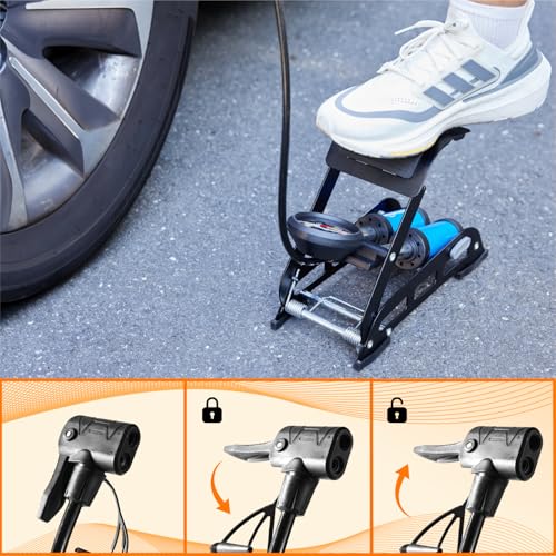Image of Amazon Basics Foot Operated Tyre Inflator|160 PSI Double Cylinder Portable Foot Air Pump|Rapid Inflation|Hands-Free|Pumping for Car, Bike, Cycle, Balls, Mattresses & More, Black and Blue