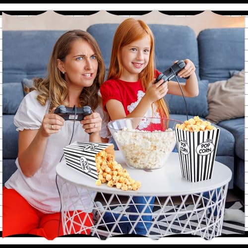 Image of Xinnun 100 Pcs Popcorn Boxes 32 oz Classic Stripe Paper Popcorn Buckets Bulk Disposable Oil Proof Container Vintage Retro Open Top Holders for Movie Night Supply Theater Carnival Party(Black)