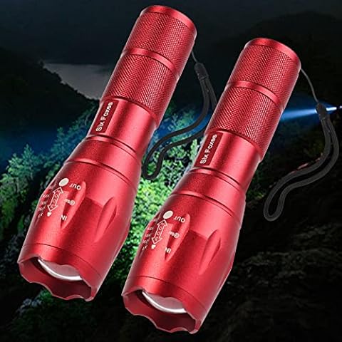 SIX FOXES Red Flashlight 3000 High Lumens(2 Pack), Tactical Flashlight with 5 Modes, Powerful Flash Light Waterproof Flashlights Zoomable Cover
