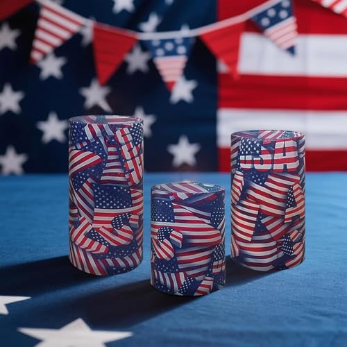 Image of NJAO HOO Patriotic American Flag Flameless LED Battery Operated Pillar Candles with Remote Control and Timer, 4th of July Candles for Home Decor Set of 3