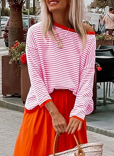 Image of Womens Striped Lightweight Cotton Sweaters Long Sleeve Crew Neck Color Block Casual Knitted Pullover Tops
