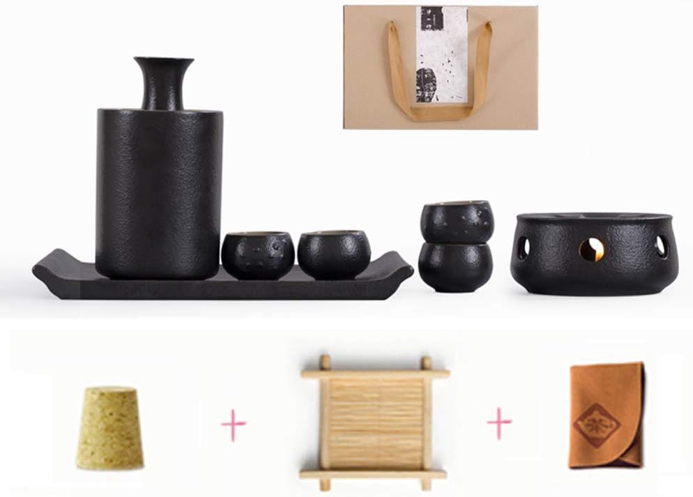 8 Pieces Sake Set, Black Glaze Wine Glasses Set with Warming Pot and Candle Stove, Quaint Texture with Gift Box, for Cold/Warm/Hot Sake/Shochu/Tea, Best Gifts-Tableware