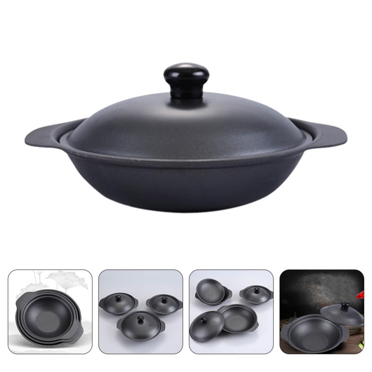 USHOBE Cazuela de Hierro Fundido, Olla de Cocción Estofada, Fondo Plano, Negra, Resistente al Calor, Asa Antiquemaduras, para Sopa y Costillas