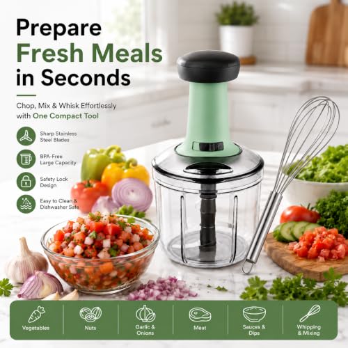 Image of Food Chopper 900ml, 4 Blade Steel Large Manual Hand-Press Vegetable Chopper Mixer Cutter to Cut Onion, Salad, Tomato, Potato 1000ml (Pack of 1 Free Whisker)