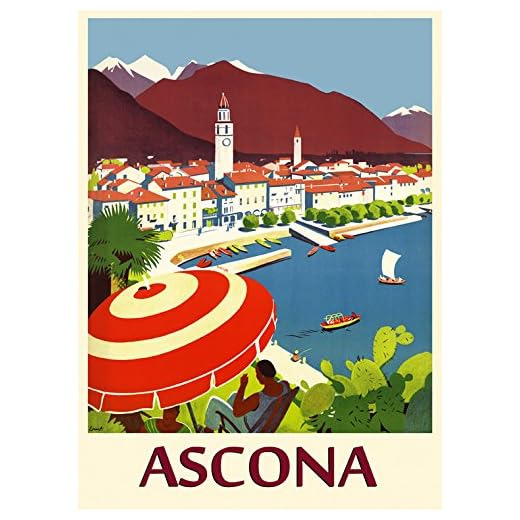CANVAS Ascona Switzerland Pearl of Lake Maggiore Travel Tourism Vintage Poster Repro 16" X 22" Image Size ON CANVAS. We Have Other Sizes Available !