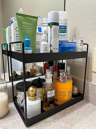 Image of CHHAAP Metal Heavy 2-Tier Bathroom Countertop Organizer Decorative Vanity Cosmetic & Makeup Storage Kitchen Spice Rack Standing Shelf Storage Shelf Organizer Black (Pack of 1) (NHSP)