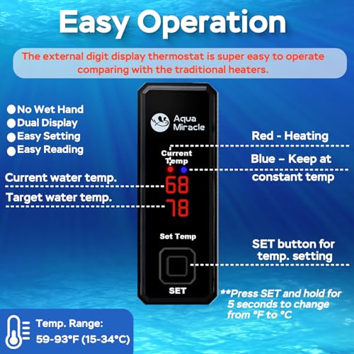 Image of AquaMiracle 15W Small Aquarium Heater Fish Heater, Super Mini Fish Tank Heater Turtle Tank Heater for 1-3 Gal Tanks, with Dual LED Display, Dry-Run /Overheating Protection & Memory Function