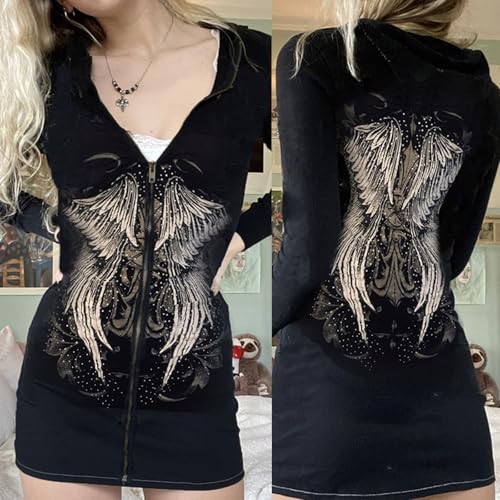 Ralondbey Hoodies Herbst Winter Langarm Sweatshirt Frauen Gothic Punk Reißverschluss Hoodies für Jacke Mini Bodycon Kleid Harajuku Vintage Engelsflügel Druck Paket Hüfte Sweatshirt Slim Cardigan