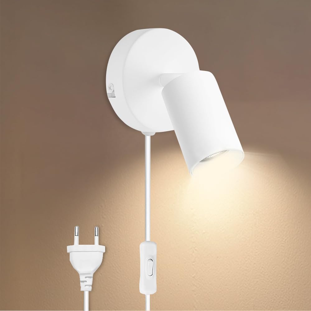 KUWUNG Aplique Pared con Enchufe, GU10 Aplique Pared Interior con Interruptor y Enchufe, 350° Giratorio Apliques Pared Dormitorio, 10W Lampara Pared con Cable para Dormitorio, Salón (Sin bombilla)