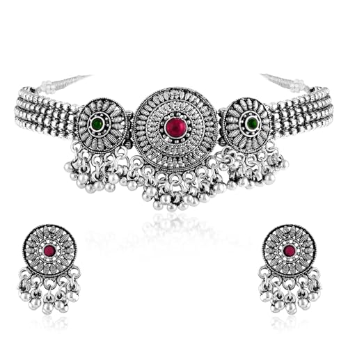 Aheli Silver Plated Rani Pink Green Synthetic Stone Studded Oxidized Jewellery Set Gift for Women