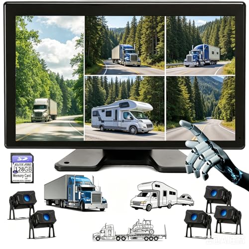 Image of 5 Split Rader Sensor Touchable 128GB Large Alarm Screen 1080P Backup Camera 10.36-Inch Monitor & Built-in DVR Video for RV Truck Trailer Rear Side Front Reversing View Wired System Image Waterproof
