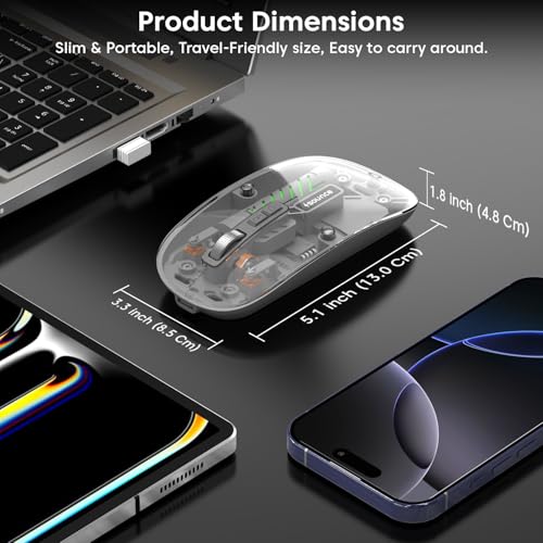 Image of Sounce AeroClick Transparent Wireless and Bluetooth Rechargeable Mouse with 500mAh Battery, 3 Adjustable DPI 800 1200 1600, Dual Bluetooth 5.1 and 2.4GHz Wireless, LED Display for PC Laptop Mac (Grey)