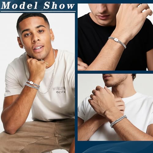 Stainless Steel Initial Bracelets for Men, 2 Pcs A-Z Letter Silver Mens Bracelet with Initial, Stylish Non Tarnish Cuban Link Chain for Boyfriend Men Jewelry Gifts4