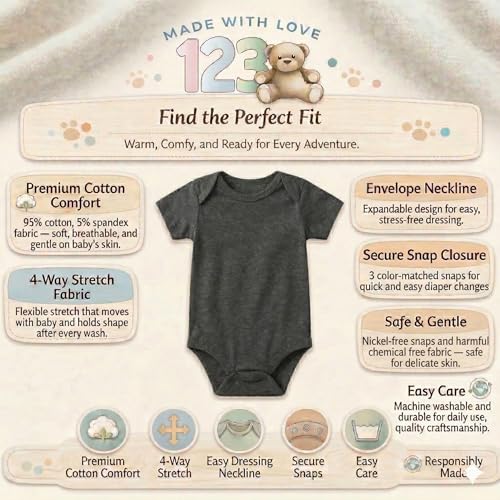 Image of 123 Bear Baby 3-Pack Soft Cotton Spandex bodysuits