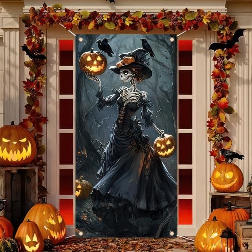 Image of BlissYard Skeleton Witch Door Cover Halloween Decorations 35x71 Inch Gothic Pumpkin Lady Banner Spooky Halloween Door Decor for Haunted House Wall Prop Indoor Party Backdrop