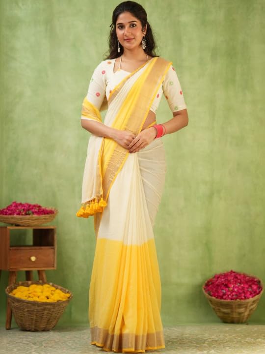 Image of Women's Cotton Silk Handloom Plain Solid Golden Zari Border Saree with Unstitched Blouse Piece | 5.5 Meter Saree + 0.8 Meter Blouse Piece | Traditional Ethnic Wear