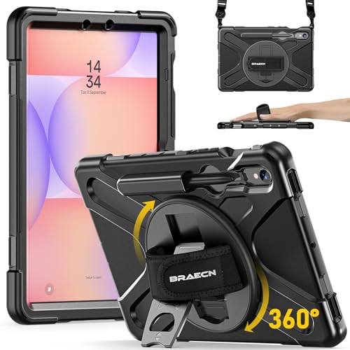 BRAECN para Funda Samsung Galaxy Tab S10 Lite/S10 FE/S9 FE 10.9 Pulgadas, Samsung Galaxy Tab S9/Tab S8/Tab S7 11 Pulgadas, Carcasa Rugosa con Soporte de Rotación de 360°, Correa de Mano/Hombro, Negro