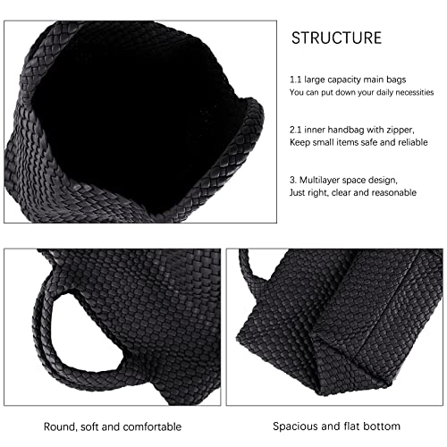 Image of Handmade Woven Bag Satchel Handbag For Women Vegan Leather Tote Bag With Purses Travel Shoulder Bag Underarm Bag