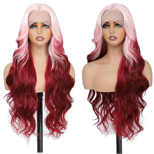 X-TRESS Pink and Red Lace Front Wigs Synthetic 28 Inch Body Wave