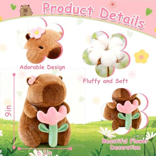 redaica Flower Capybara Plush, 9 inch Cute Capibara Plushies Toy - 5