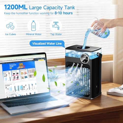 Image of Portable Air Conditioners, 4 in 1 Evaporative Air Cooler with 1200ML Tank, Queit Cooling Fan with Remote Control, 2-8H Timer, 3 Modes & 8 LED Lights, Personal AC Unit for Bedroom, Office and Camping