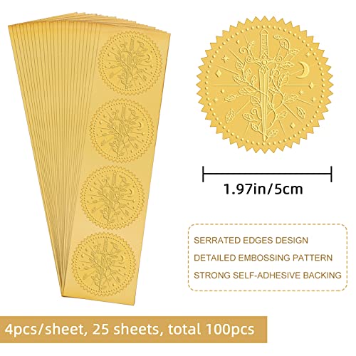 Craspire 2 Inch Gold Embossed Envelope Seals Stickers Sword 100Pcs Round Adhesive Embossed Foil Seals Stickers Envelope Label For Wedding Invitations Party Gift Packaging Greeting Card #TOP1