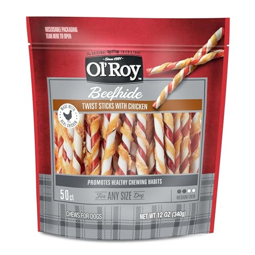 Rawhide Twist Sticks with Chicken, 50 Count, 12 oz, 5 Inch Dog Chews, Long Lasting Treats for All Dog Sizes, Made with Real Chicken, Natural Beefhide, Helps Promote Healthy Chewing Habit by Ol-Roy