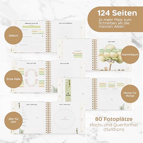 SweetyFox - mein erstes jahr babyalbum - Die ersten 5 Jahre - 124 Seiten und 100 Sticker - Babytagebuch - Erinnerungsbuch Babybuch