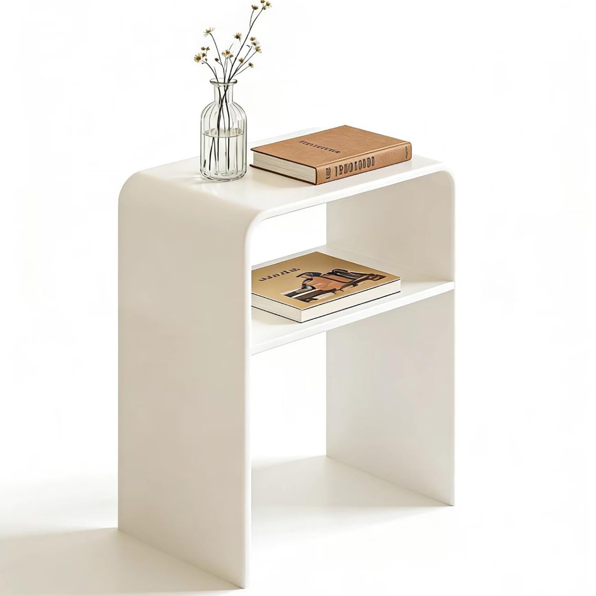 Photo 1 of *** PARTS ONLY TABLE TOP DAMAGED***
White Acrylic 2-Tier End Table – 23.6”H Modern Nightstand with Shelf, Sturdy Bedside Storage for Bedroom, Living Room, Home Office, No Assembly Required