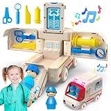 BELLOCHIDDO Ambulance Toy - Wooden Ambulance with Light&Sound Effects, Emergency Vehicle Toys with S