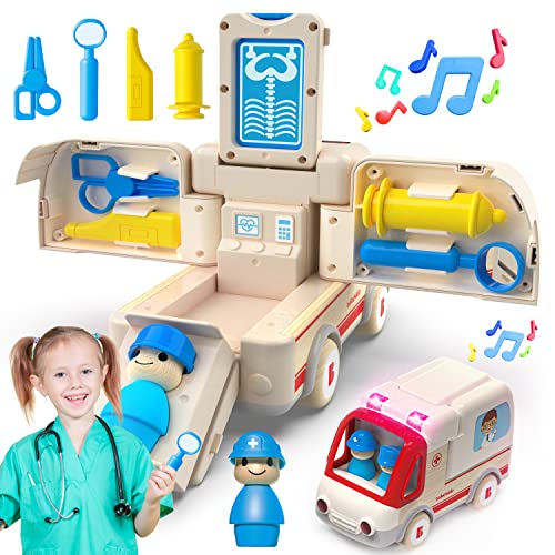 Bellochiddo Ambulance Toy - Wooden Ambulance With Light&Sound Effects, Emergency Vehicle Toys With Storage Box, Pretend Play Learning & Education Toys For Boys&Girls, Birthday Gift Doctor Kit For Kids #TOP28