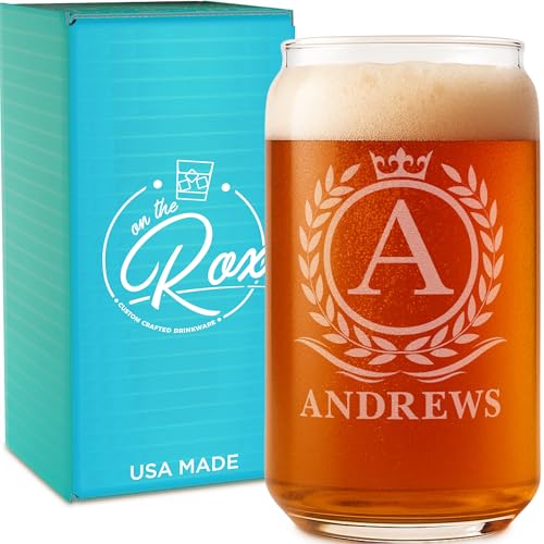 Image of Personalized Beer Glass for Men - 16 oz Custom Beer Glass (4 Designs) - Engraved Name & Initial Monogram Design - Custom Glass Cup - Gift Ready Box - Groomsmen, Father's Day, Birthday Gift