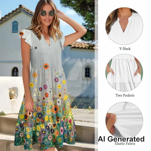 Image of Womens Summer Dress Ruffle Sleeve V Neck Dress Casual Fit Flowy Beach Vacation Sundress with Pocket S-2XL