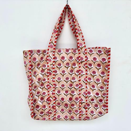 Image of Quilted Cotton Handprinted Reversible Large multicolor Floral Tote Bag,Hand Block Print Shopping Shoulder Carry Bag