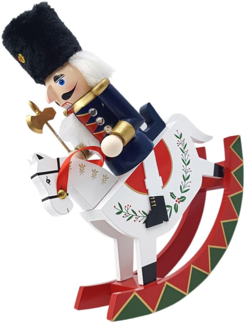 PRETYZOOM Traditional Wooden Christmas Nutcracker Soldier Figurine Large Size Blue Rocking Horse Tabletop Decoration for Holiday Home and Xmas Seasonal Display