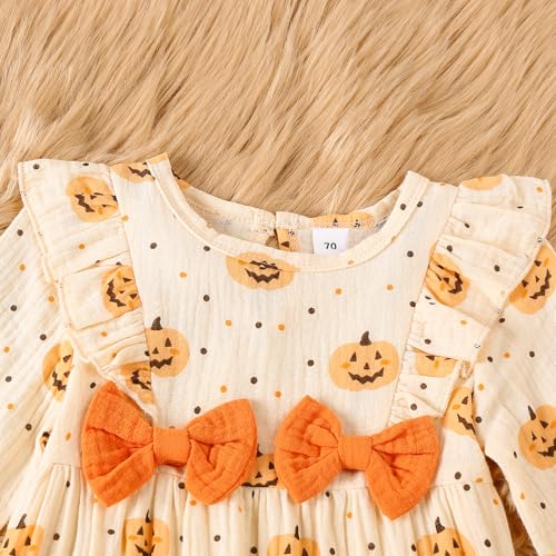 Newborn Baby Girl Halloween Clothes Puff Sleeve Cotton Linen Ruffle Pumpkin Print Jumpsuit Fall One Piece Outfits4
