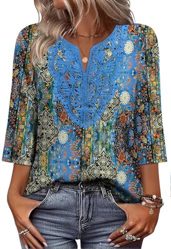 Image of WIHOLL 3 /4 Length Sleeve Womens Tops Boho V Neck Lace Shirt Trendy Blouses Dressy Casual Vacation Clothes S-3XL