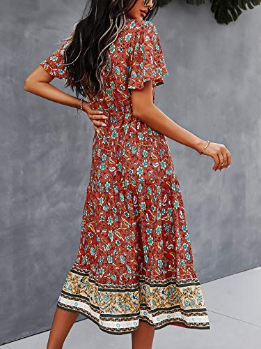 Image of TEMOFON Women Dress Summer Sleeveless Bohemian: Floral V Neck Button Down Flowy Boho Dresses S-XL