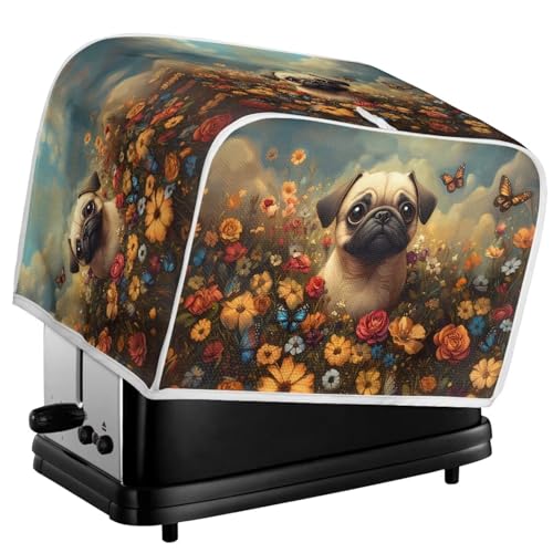 Image of Talayituse Pug Dog Butterfly Rose Print Toaster Cover 4 Slice Wide Slot, Lightweight Bread Maker Cover Dust Protection Washable Appliance Bag, M